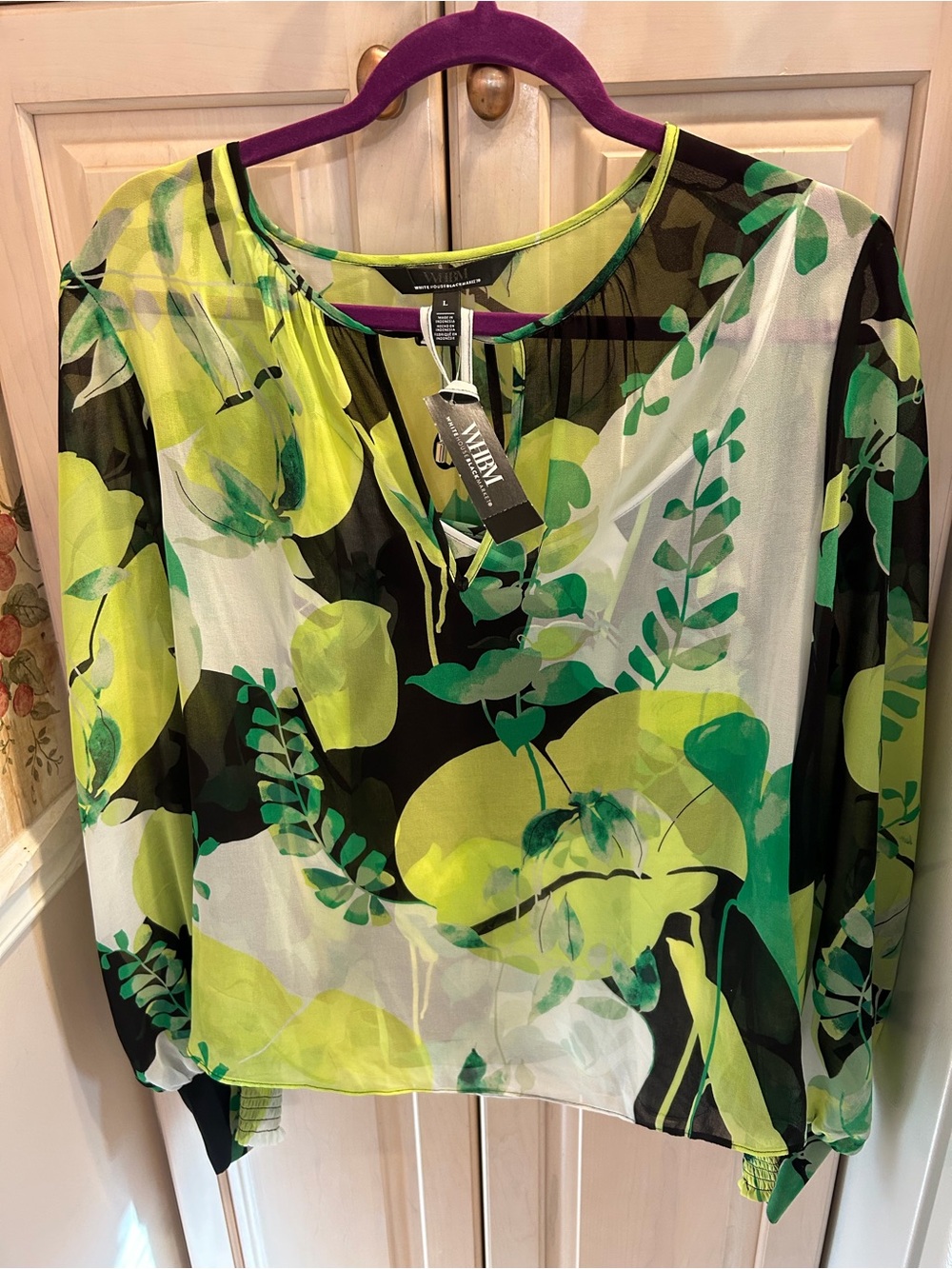 White House Black Market Lime, Green & Black Sheer Botanical Blouse